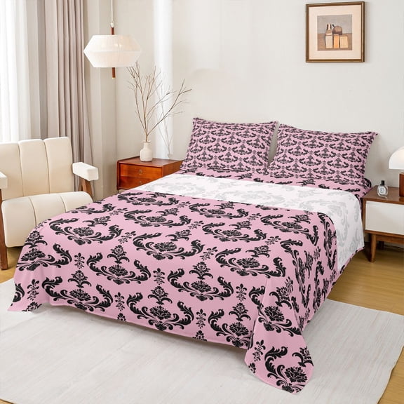 jejeloiu Romantic Damask Queen Sheets,Soft Floral Queen Sheet Sets For Adults,Pink Black,4-Piece,1 Flat Sheet, 1 Fitted Sheet and 2 Pillowcases