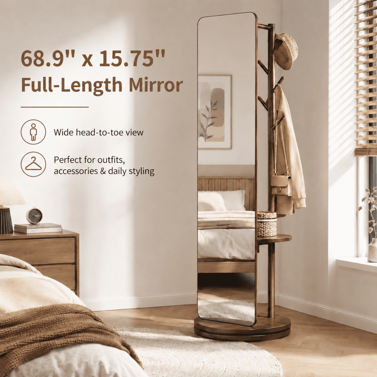 Miniyam Full Length Mirror with Coat Rack and Storage, 68.9" x 15.75" 360° Rotating Solid Wood Standing Mirror for Bedroom and Entryway, Walnut