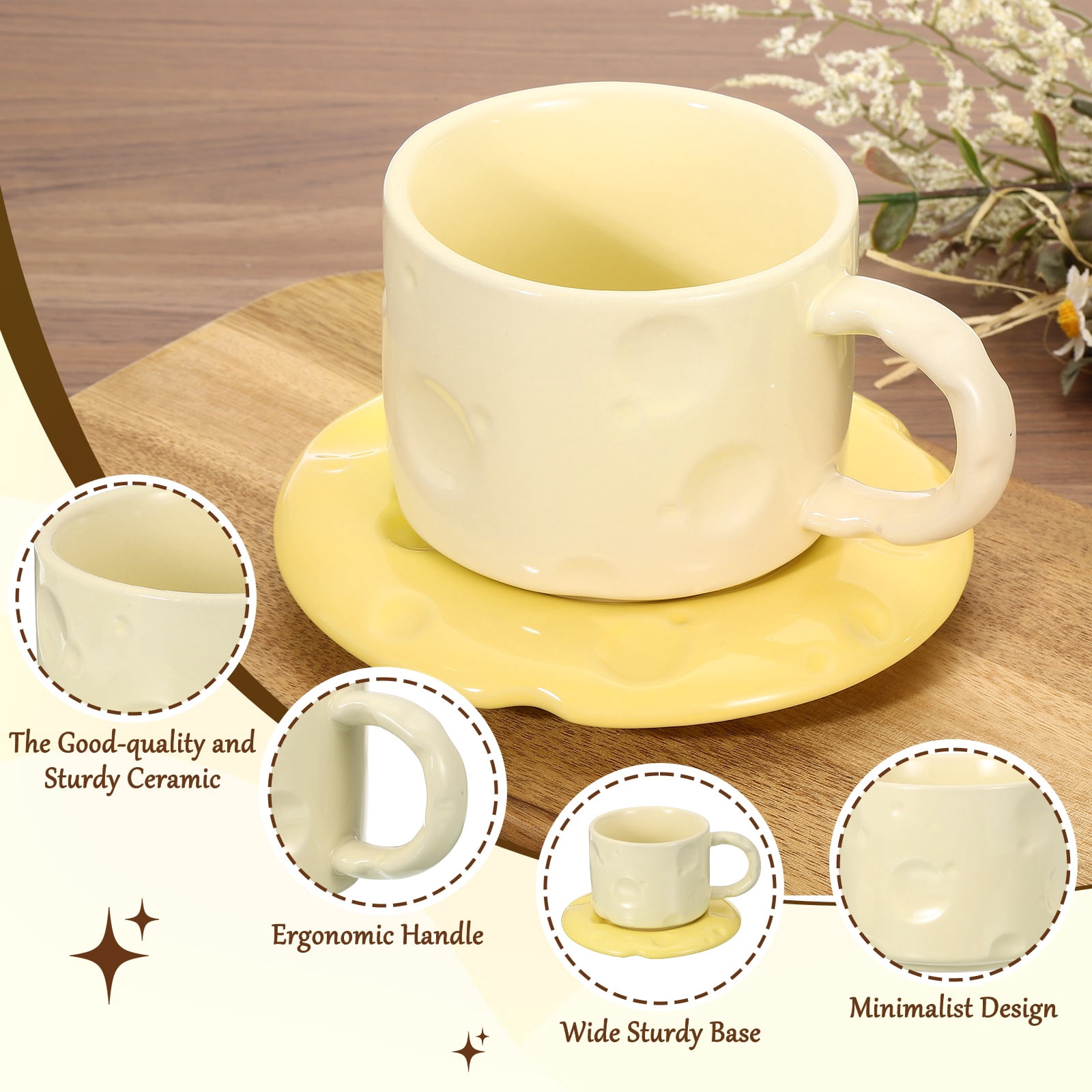 Uxcell 10oz Ceramic Coffee Mugs with Saucer Set, Creative Cute Cup with Handle Unique Irregular Design for Lovers Gift Tea Espresso Latte Kitchen Cafe, Dishwasher White Cup Yellow Saucer
