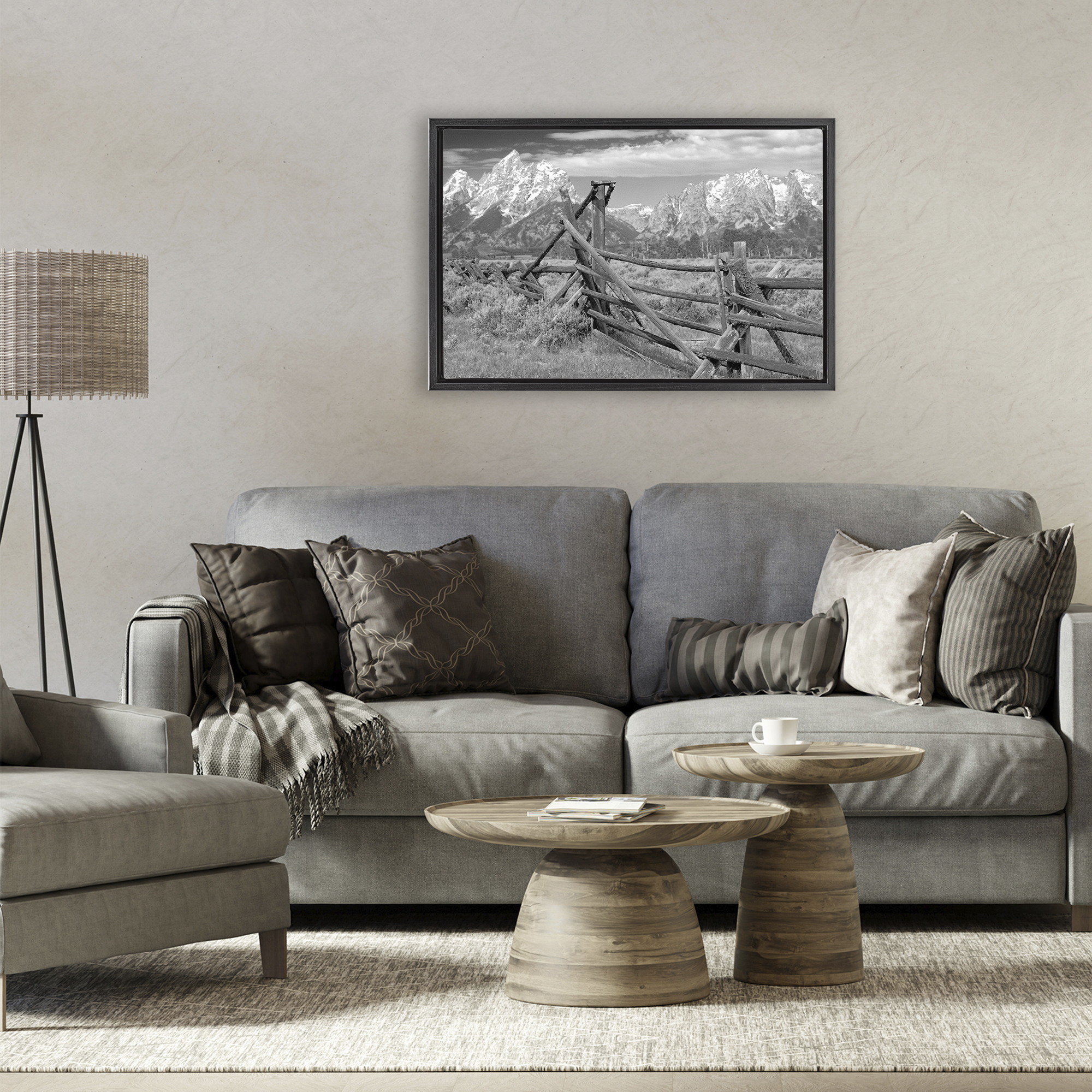 Grand Tetons Mountains & Fence Black Framed Floater Canvas Wall Art, design by MJ Photography