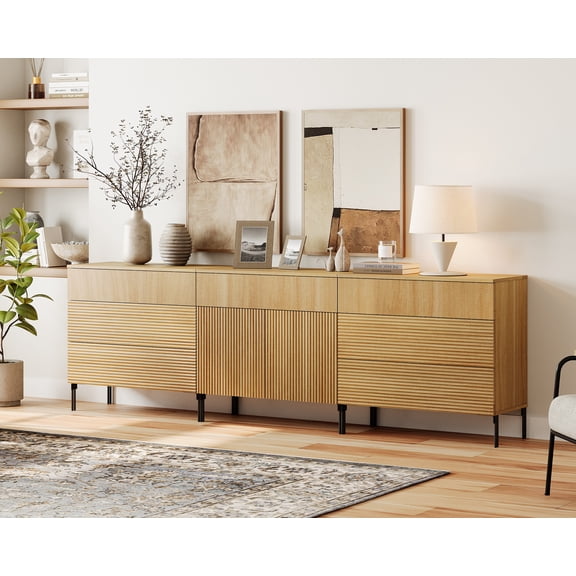 94.5" Reeded Accent Chest Set with Doors and Drawers, Modern Credenza Storage Cabinet with Metal Legs for Living Room, Kitchen, Dining Room, Hallway