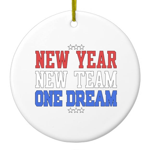 DistinctInk Hanging Ceramic Christmass Tree Ornament with Gold String - Great Gift / Present - 2 3/4 inch diameter - New Year New Team One Dream