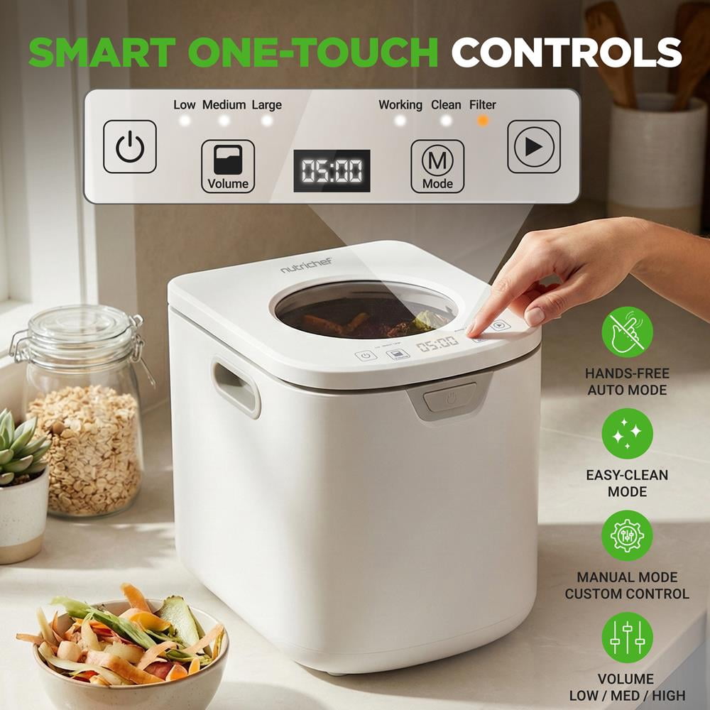 NutriChef 4-Quart Electric Kitchen Composter, Smart Countertop Indoor Compost Bin with 2 Odorless Carbon Filters, 3 Volume Modes, White