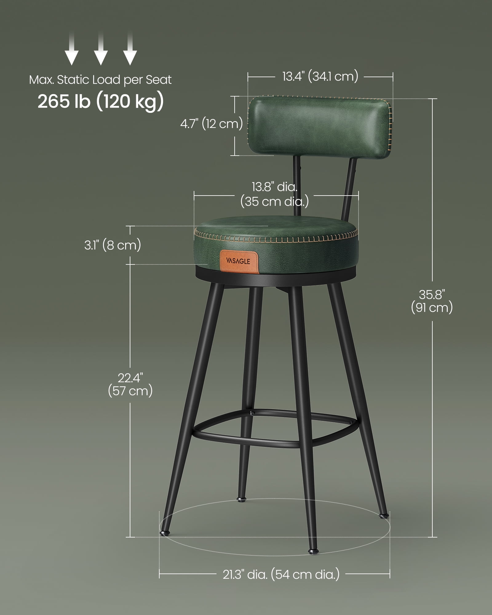 VASAGLE EKHO Collection - Bar Stools Set of 2, Counter Height Swivel Bar Stools with Back, Synthetic Leather with Stitching Forest Green