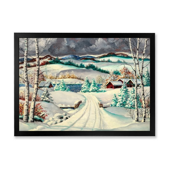 Designart 'Snowy Road In Countryside Winter Landscape' Traditional Framed Art Print