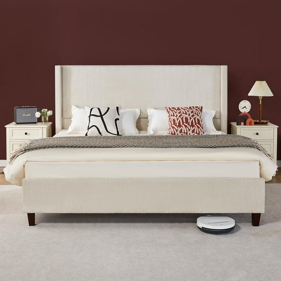VanAcc King Size Platform Bed Frame, 50.8" Corduroy Upholstered Bed with Vertical Channel Tufted Headboard/Wooden Slats/Wingback, Beige