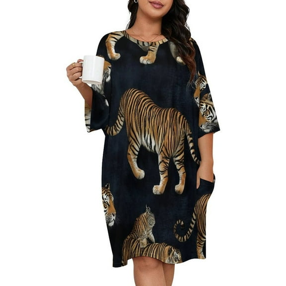Dark Background Tiger Print Fabric Sleepshirts For Sleeping Travels Loose Sleepdress Pajama Dress Soft Nightdress Sleepwear