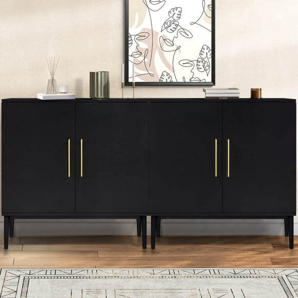 REHOOPEX Set of 2 Black Side Storage Cabinet, Free Standing Cabinets, Wood Accent Cabinet with Doors, Black Sideboard for Bedroom, Kitchen,Home Office