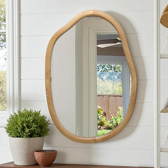 GZXS 22.1" x 31.9" Irregular Wall Mirror, Asymmetrical Curvy Accent Mirror with Wood Frame, Antique Natural Finish Decorative Mirror for Living Room, Bathroom, Entryway