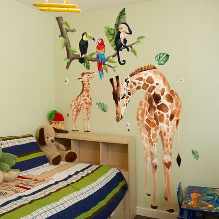 Large animal decals, Big tree decals, branches and bird wall stickers, parrot stickers, giraffe posters，Living Room DIY Peel and Stick Removable Home Decor Bedroom Sofa TV Wall Art Decoration