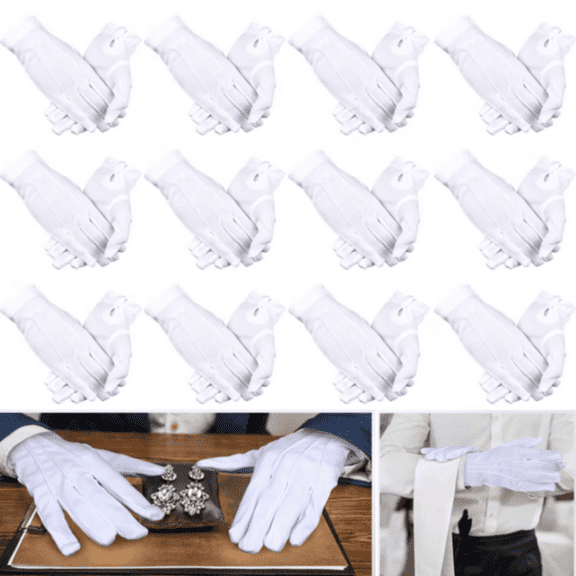 YuPan 12 Pairs White Long Cotton Gloves with Snap Cuff, Washable Stretchable, Formal Gloves for  Eczema, Halloween, Cosplay, Men & Women
