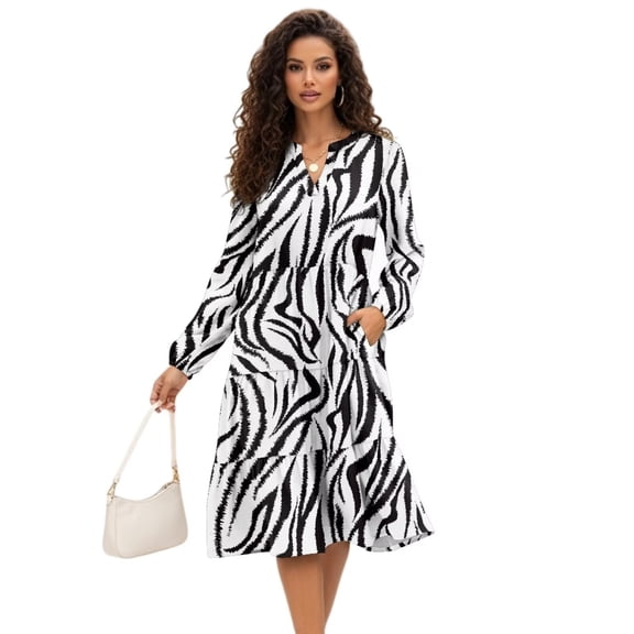 Uorisanigo Zebra Stripe Women's Dress Size S V Neck Ruffled Tiered Midi Dress Flowy Comfortable Casual Fashion Clothing