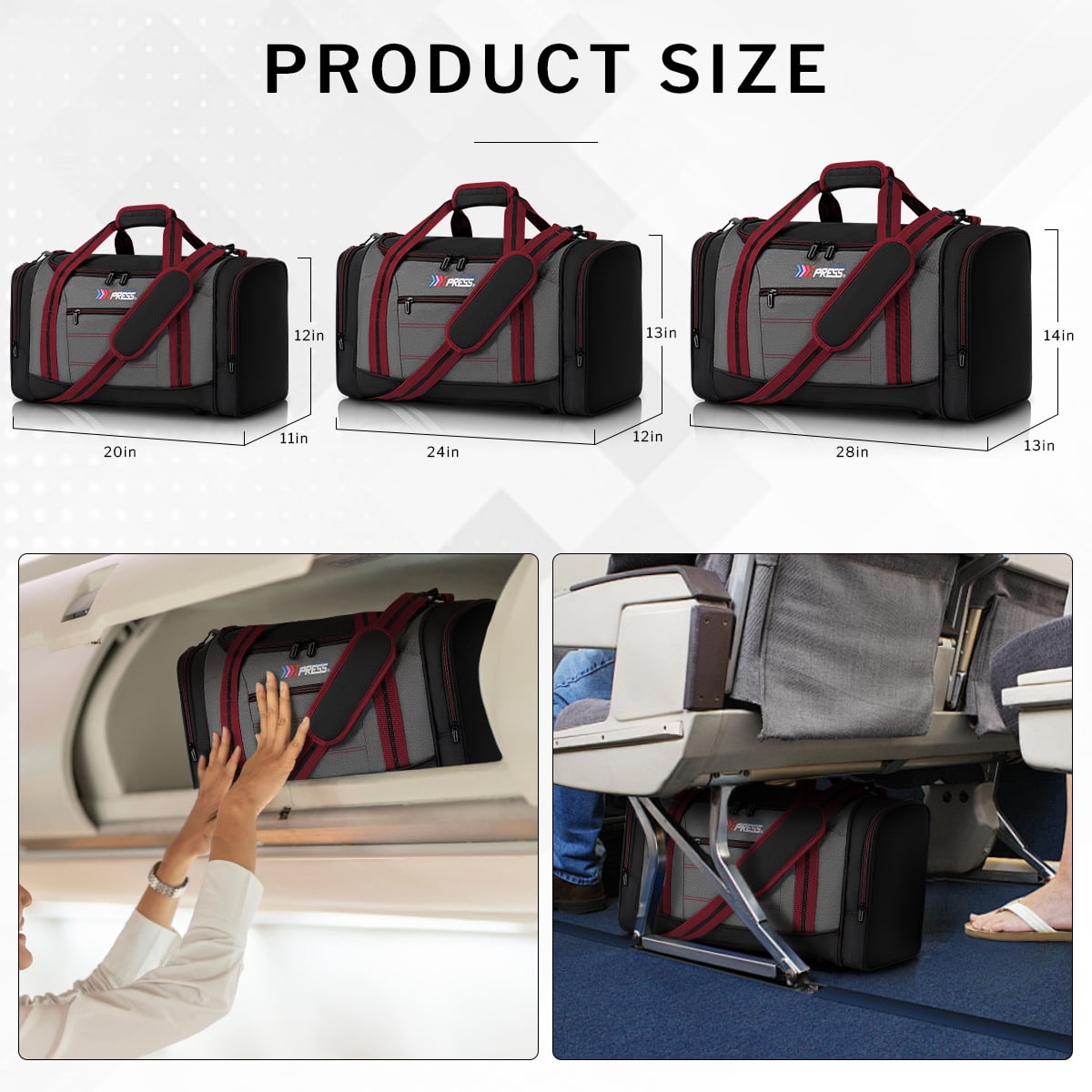 20" Travel Duffel Bag 45L Lightweight Foldable Sports Gym Bag Adjustable Strap Tear-Resistant Weekender Overnight Bag, Red(LX298)