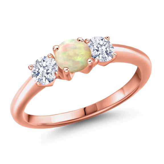Gem Stone King 18K Rose Gold Plated Silver White Ethiopian Opal and White Zirconia Engagement Ring for Women | 0.80 Cttw | Round Cabochon 5MM | Gemstone October Birthstone | Size 7