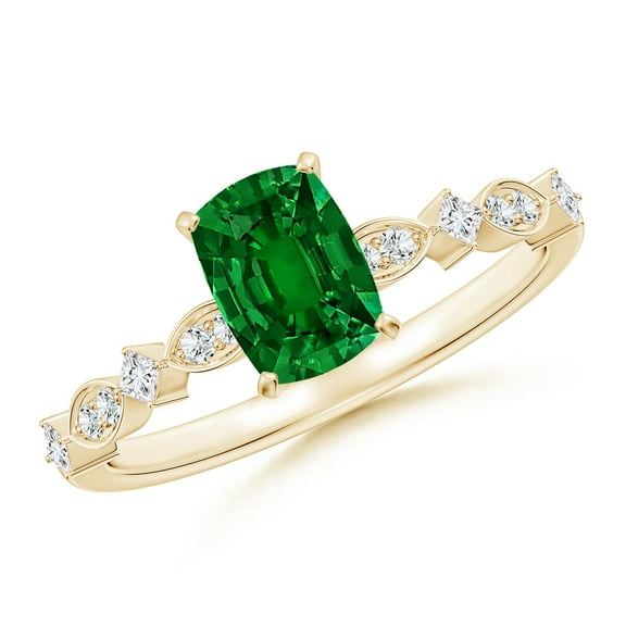 ANGARA Lab Grown Emerald Engagement Ring with Marquise Motifs for Women in 14K Yellow Gold (Size-7x5mm) | May Birthstone, Anniversary, Jewelry Gift for Women | Lab-Grown Emerald Ring