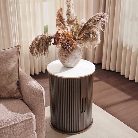 Faux Marble End Table with Sliding Door, 17.3" Modern Round Nightstand with Fluted Detailing & Adjustable Shelve, Compact Side Table for Bedroom Living Room