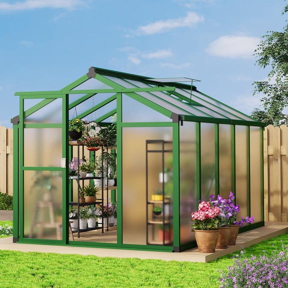 6x10 FT Walk-in Greenhouse, Heavy-Duty Polycarbonate Panels & All-Weather Aluminum Frame with Roof Vent & Commercial Sliding Door, 4-Season Outdoor Garden Sun Room for Plants – Green Frame