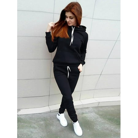 Long Sleeve Tracksuits for Women, Women's Casual Two-Piece Sportswear Hoodie Sweatshirt for Juniors, Black / Red Kangaroo Pocket Pullover Hoodie Sweatpants 2 Piece Sport Trackusuit Outfits Set, S-XL