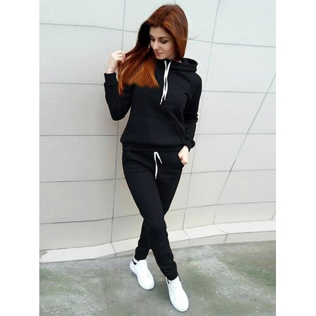 Long Sleeve Tracksuits for Women, Women's Casual Two-Piece Sportswear Hoodie Sweatshirt for Juniors, Black / Red Kangaroo Pocket Pullover Hoodie Sweatpants 2 Piece Sport Trackusuit Outfits Set,