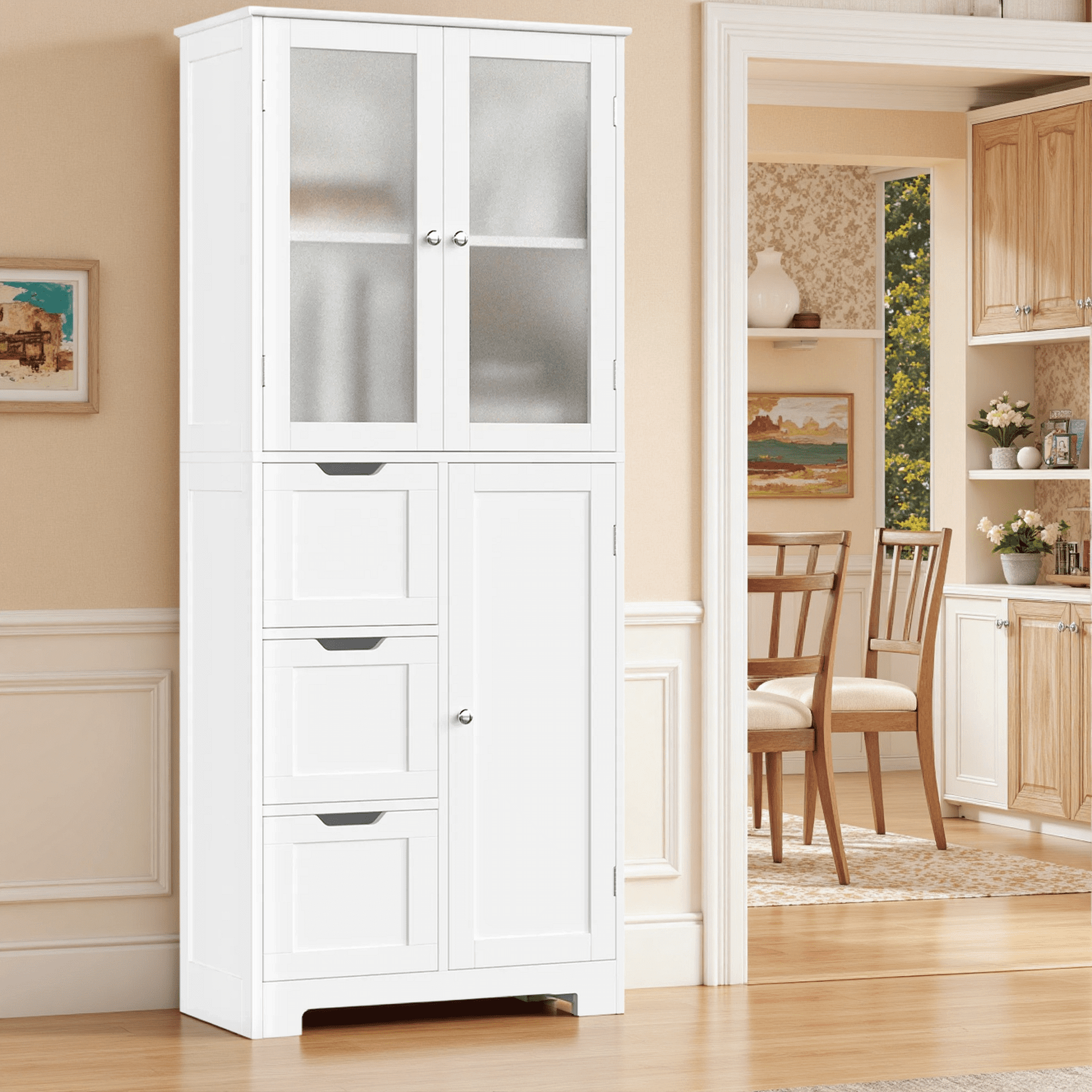 Homfa 56.6"H Kitchen Pantry Cabinet with 3 Doors and 3 Drawers, Floor Cabinet for Dining Room Living Room, White