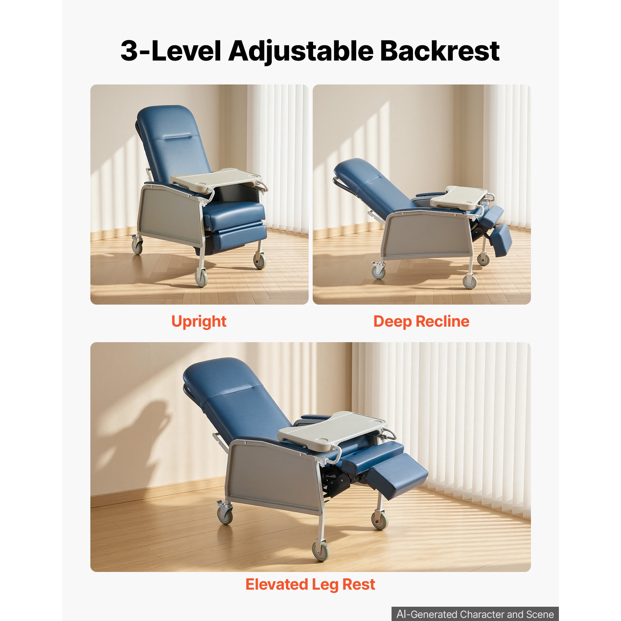 KFFKFF 3-Position Reclining Chair with 500 lbs Capacity, Comfortable Medical Recliner with Wheels, Padded Seat, and Tray Table for Healthcare Facilities and Home Care