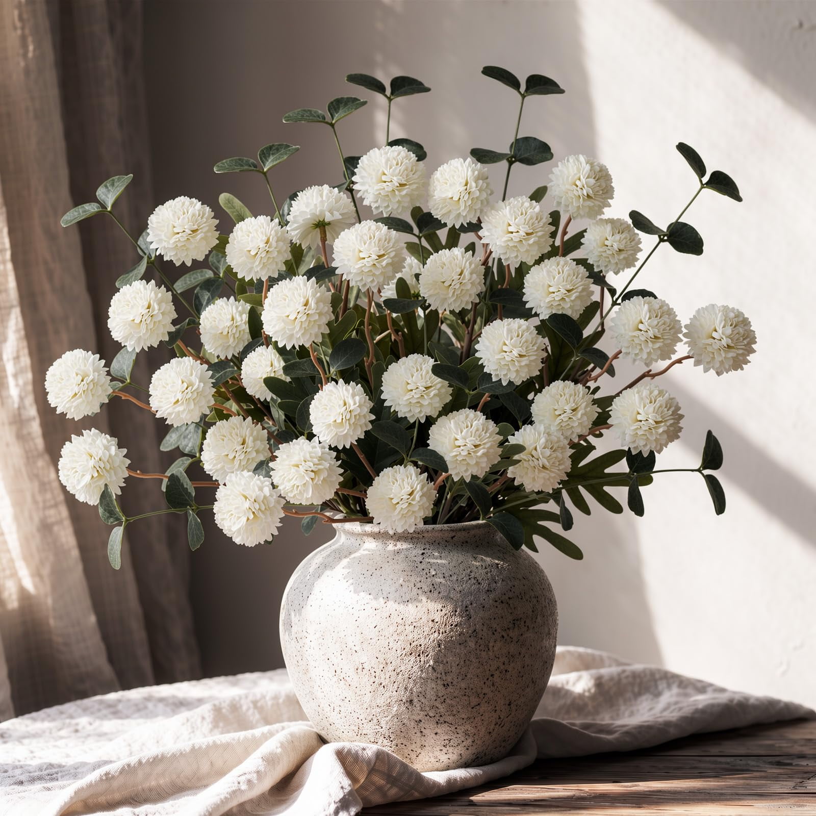 Lewondr Artificial Fall Fake Flowers Silk Pompon Mums, 8Pcs Faux Chrysanthemum with 8 Stem Eucalyptus, Autumn Floral Centerpieces for Home Table DIY Bouquet Wedding Decorations, White