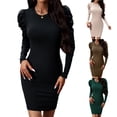 thumbnail image 2 of PADFRYBK Fall Dresses For Women Round-Neck Dress Long Sleeve Dress Solid Color Long Shirring Dress, 2 of 7