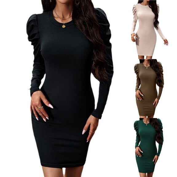 PADFRYBK Fall Dresses For Women Round-Neck Dress Long Sleeve Dress Solid Color Long Shirring Dress
