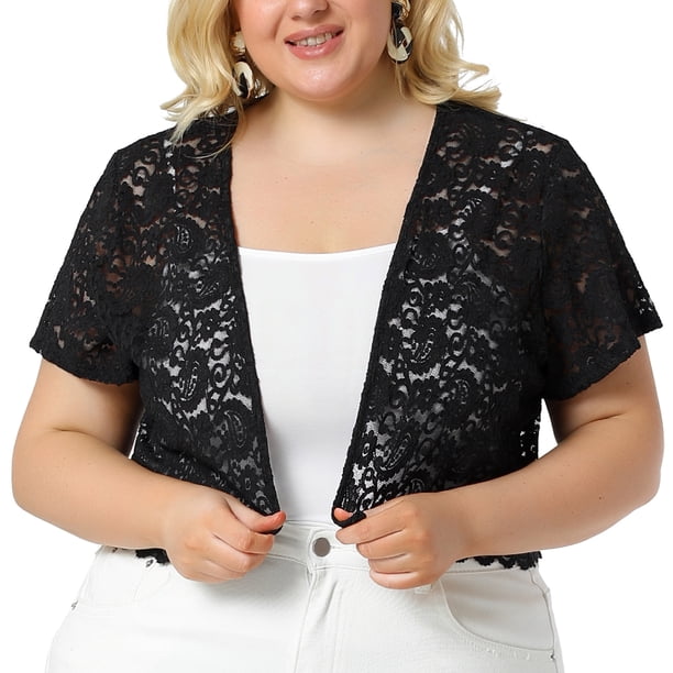 Women's Plus Size Shrug Cardigan Lace Allover Open Front Short Sleeve Crop Bolero Jacket Black 4X