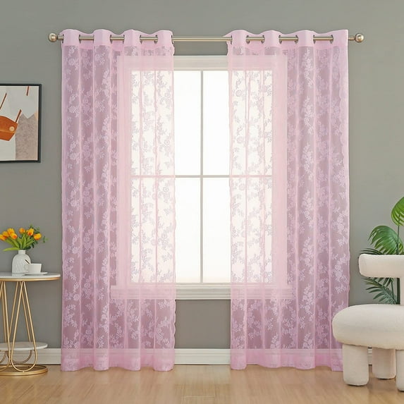 Yipa Single Curtain Panel Grommet Voile Window Curtain Floral Tulle Window Drape Eyelet Ring Top Sheer Curtain Valance Pink W:55"x L:89"