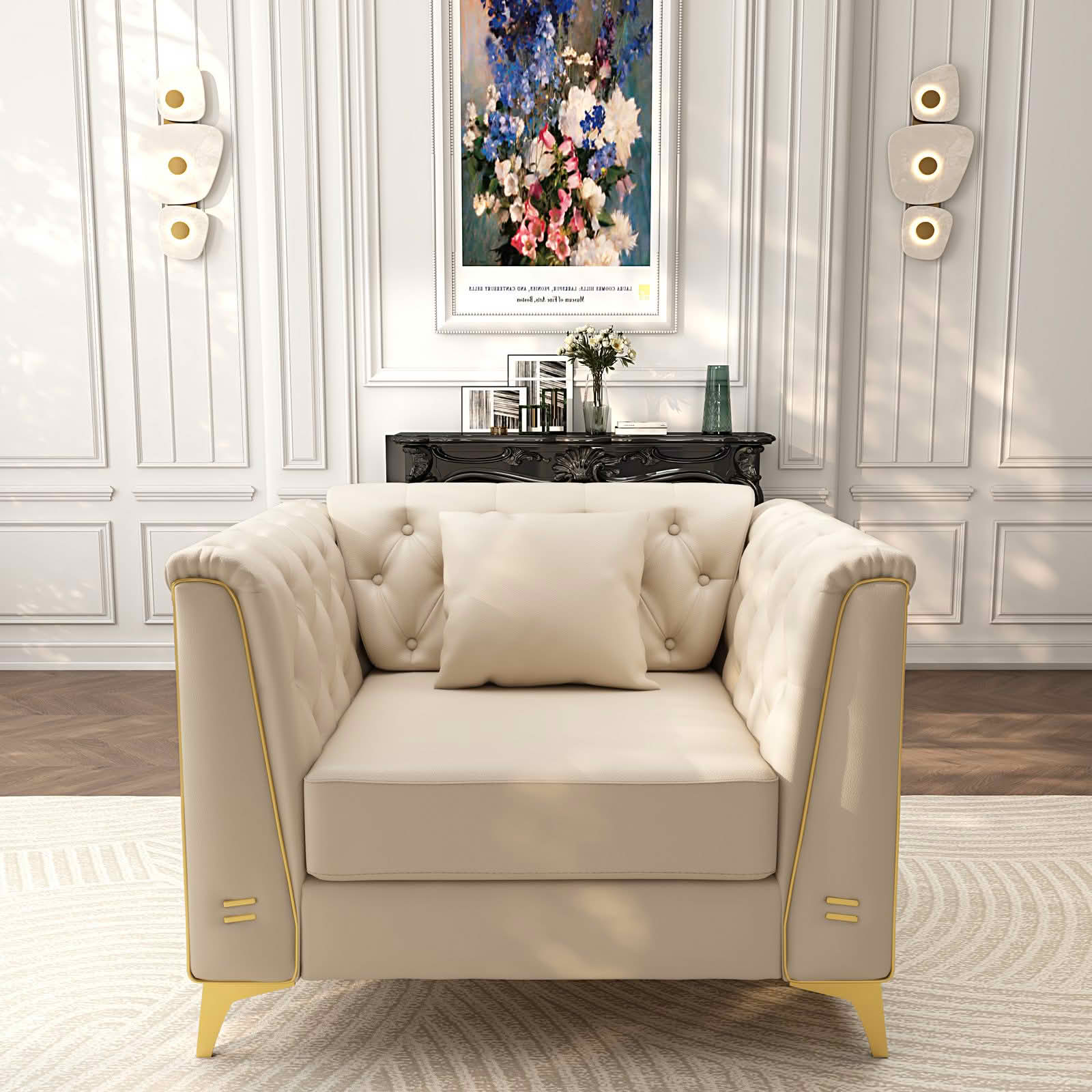 MAYEERTY 40.1" Light Luxury Modular Chesterfield Single Sofa, Faux‑Leather Chair with Button Tufting, Metal Trim Armrest & Thin Metal Legs, 1 Pillow Included