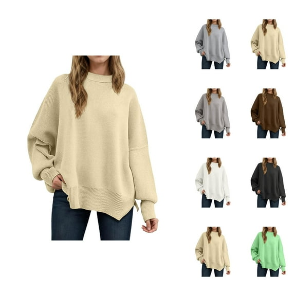Pullover Sweaters for Women 2025 Long Sleeve Crewneck Oversized Side Slit Plain Knitted Sweater Tops Fall Winter Outfits