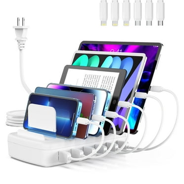 Fast Charging Station for Multiple Devices, 50W 6-Port USB Charging Station with 14 Slots, 7-Detachable Dividers and 1 Fixed Low Baffle, Multi-Function Charging Station(White)