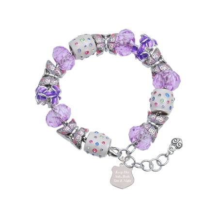 Delight Jewelry Stainless Steel Keep Her Safe Police Badge - Purple Butterfly Bead Charm Bracelet, 7"+1" Extender