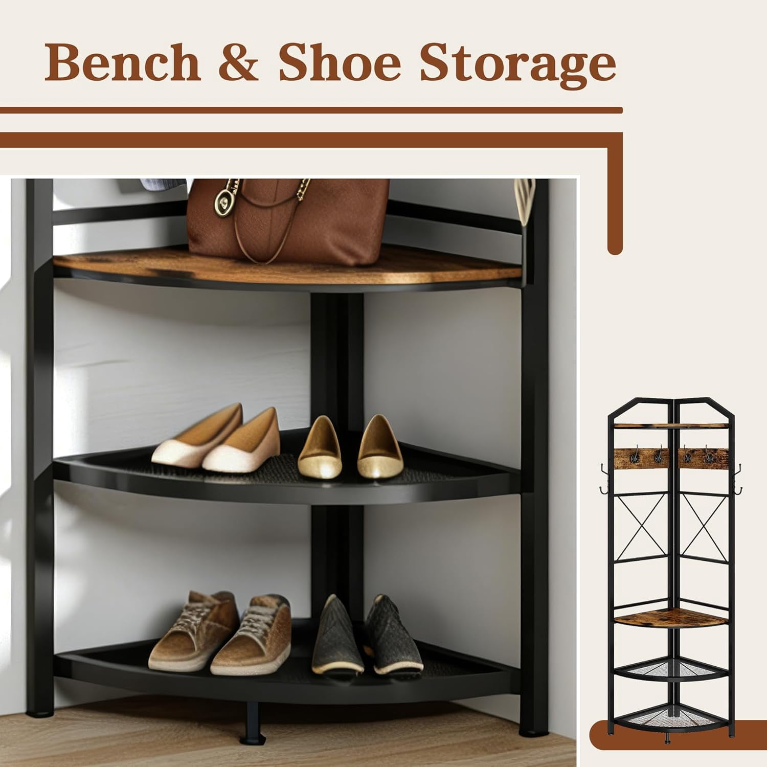 Corner Hall Tree with Shoe Bench Entryway Coat Rack with 10 Metal Movable Hooks Floor Standing Clothes Rack Shoes Shelf Organizer for Home Office Bedroom