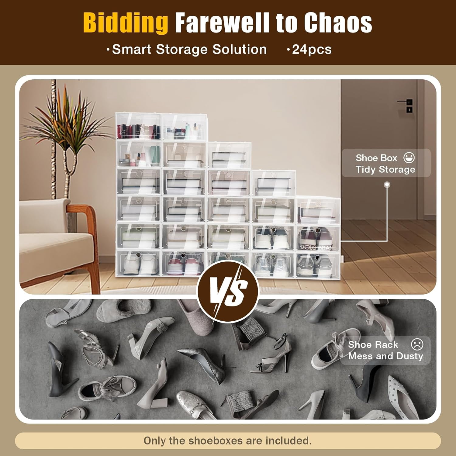 24 Pack Shoe Storage Boxs, Foldable Clear Plastic Shoe Organizer for Closet, Space Saving Stackable Shoe Rack for Entryway, Drop Front, Under Bed