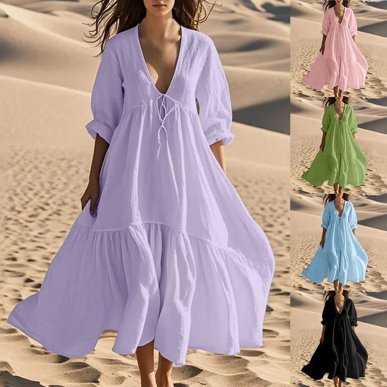 Gakvbuo Linen Dresses For Women 3/4 Sleeves Roll Up Drawstring Front Pull Rope V Neck Tunic Dress Flowy A Line Maxi Dress Long Beach Dress, Women's,