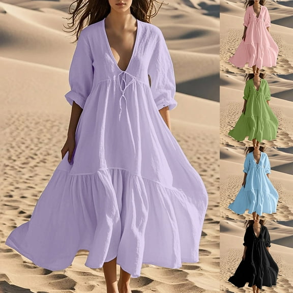 Meichang Summer Linen Dresses for Women 3/4 Sleeve V Neck Loose Fit Oversized Maxi Dress Casual Pleated Ruffle Beach Vacation Dress