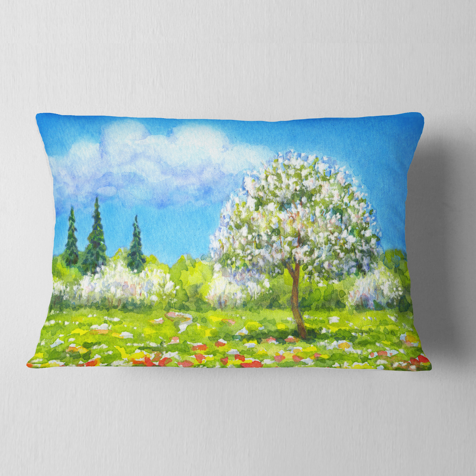 Designart Tree in Different Seasons - Watercolor Landscape Printed Throw Pillow - 12x20