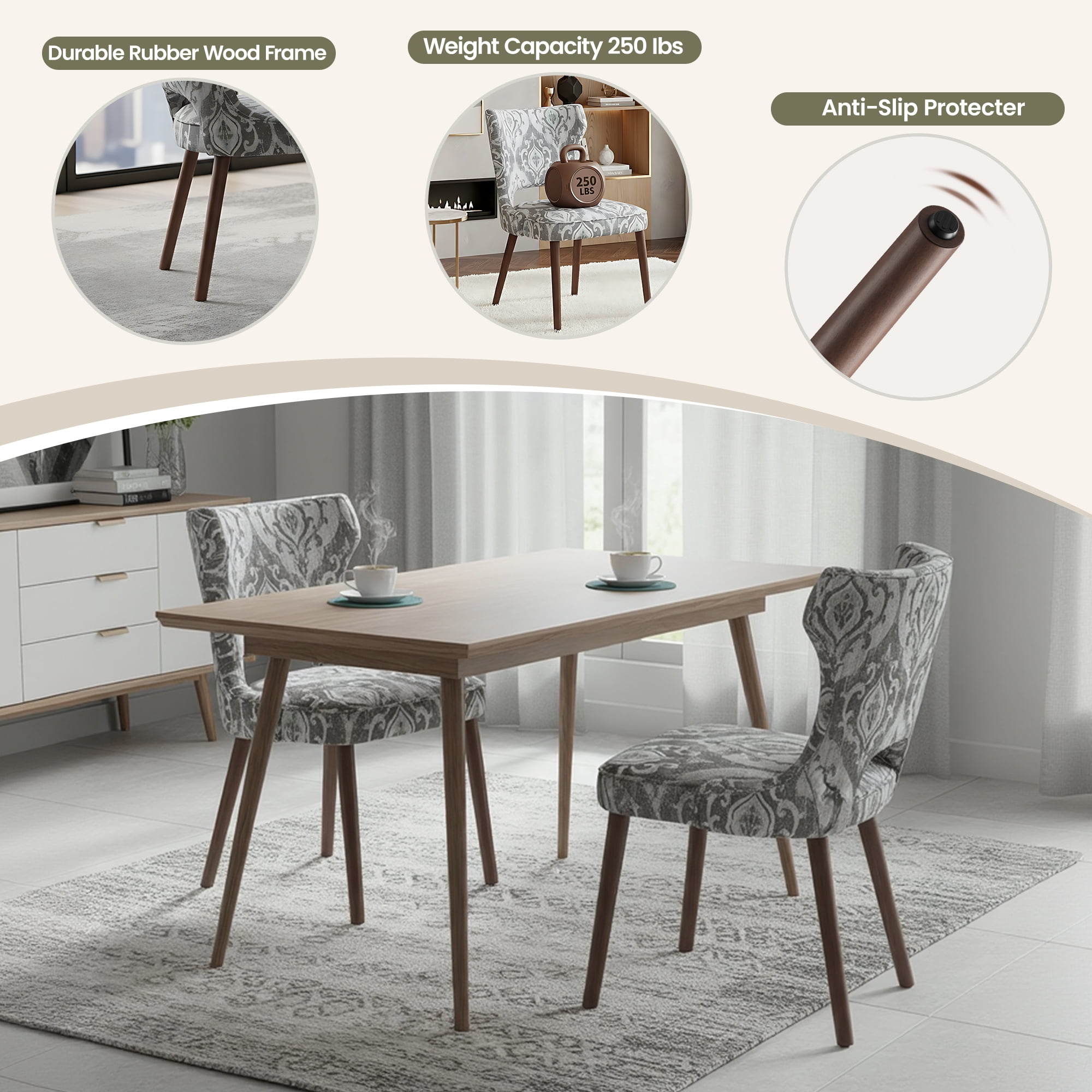 EOP Modern Fabric Upholstered Dining Chairs Set of 6, Wingback Dining Side Chairs with Solid Wood Legs, Farmhouse Dining Room Chairs for Dining Kitchen Living Room, Jacquard