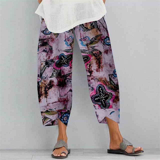 Pantalon Large à Taille Élastique à Imprimé Fleurs pour Femmes