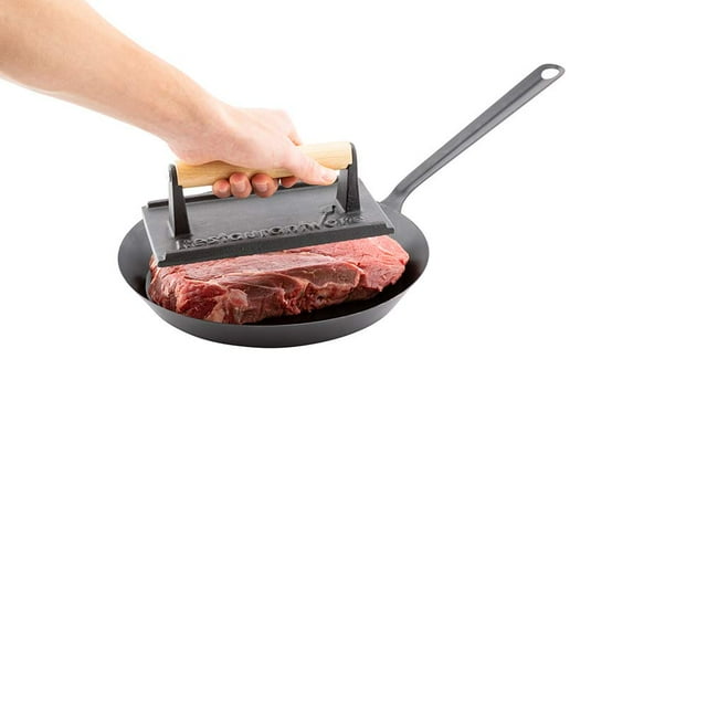 Restaurantware79 x 39 x 28 Inch Bacon Press 1 HeavyWeight Burger Press With Wooden Handle Enamel Coating Black Cast Iron Grill Weight Textured Bottom For Steak Panini And Grilled Cheese