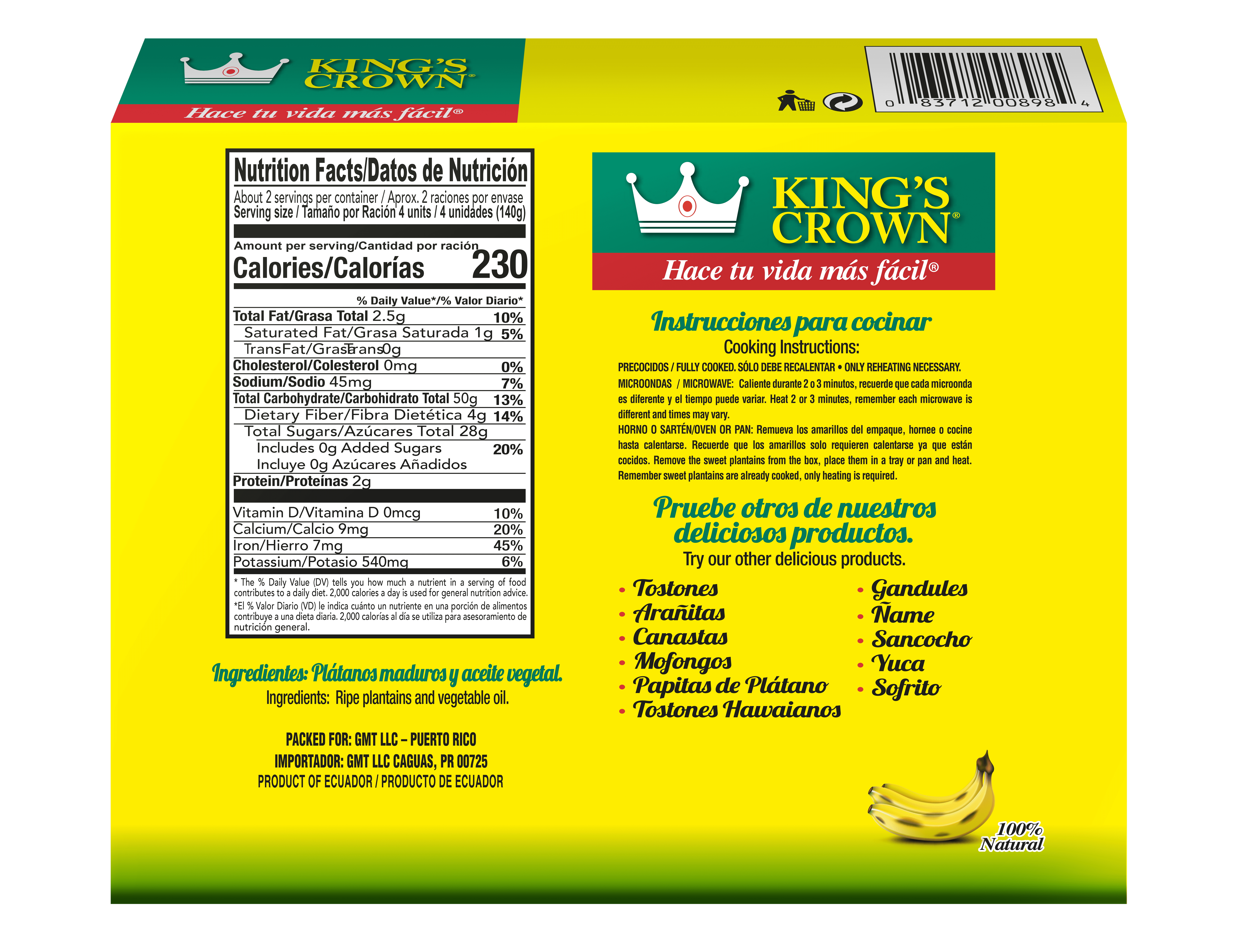 Kings Crown Foods, Sweet Plantain Slices, Amarillos, 12 oz Carton Box (Frozen)