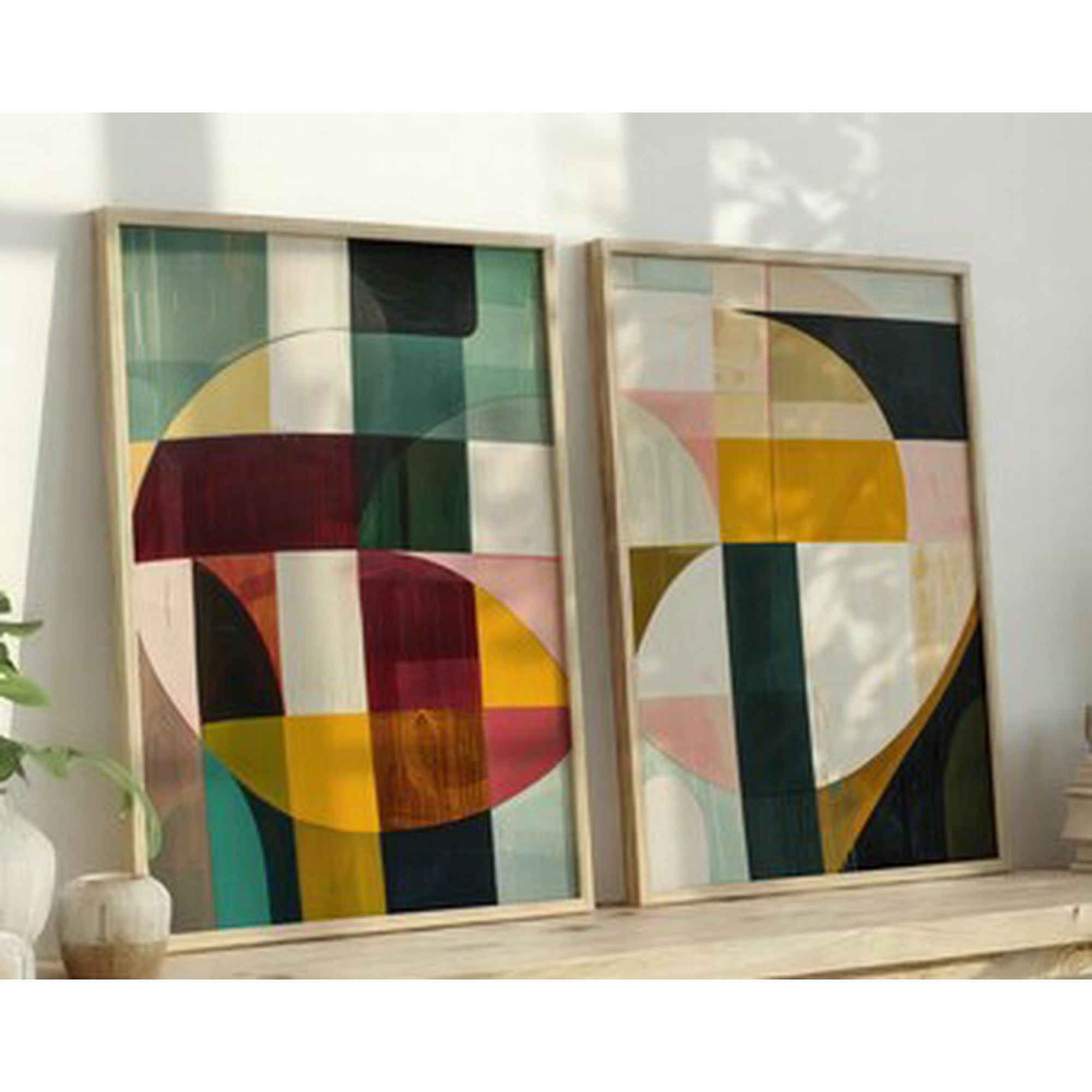 Geometric Color Block Art Prints | Mid Century Wall Art | Retro Eclectic Home Decor | Shapes Painting Poster Set 2 Poster Only