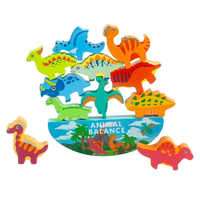 A Wooden Stacking Blocks Educational Toy For Kids With Dinosaur And Animal Figures Balance Game Set To Develop Early Learning Skills Hand Eye Coordination Includes Storage Bag Base Size 4.