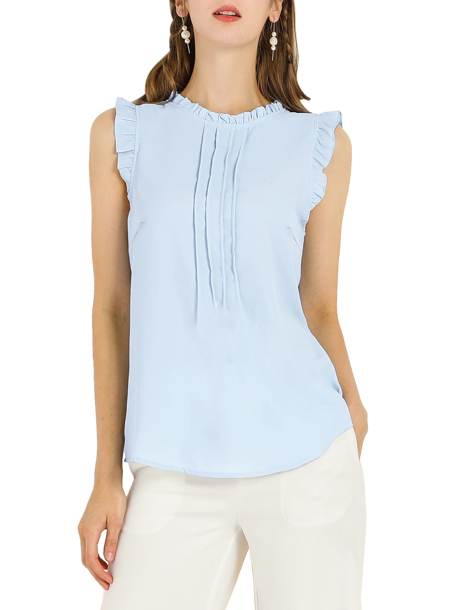 DARING DIVA Women's Ruffled Trim Pleated Plain Blouse Top M Blue