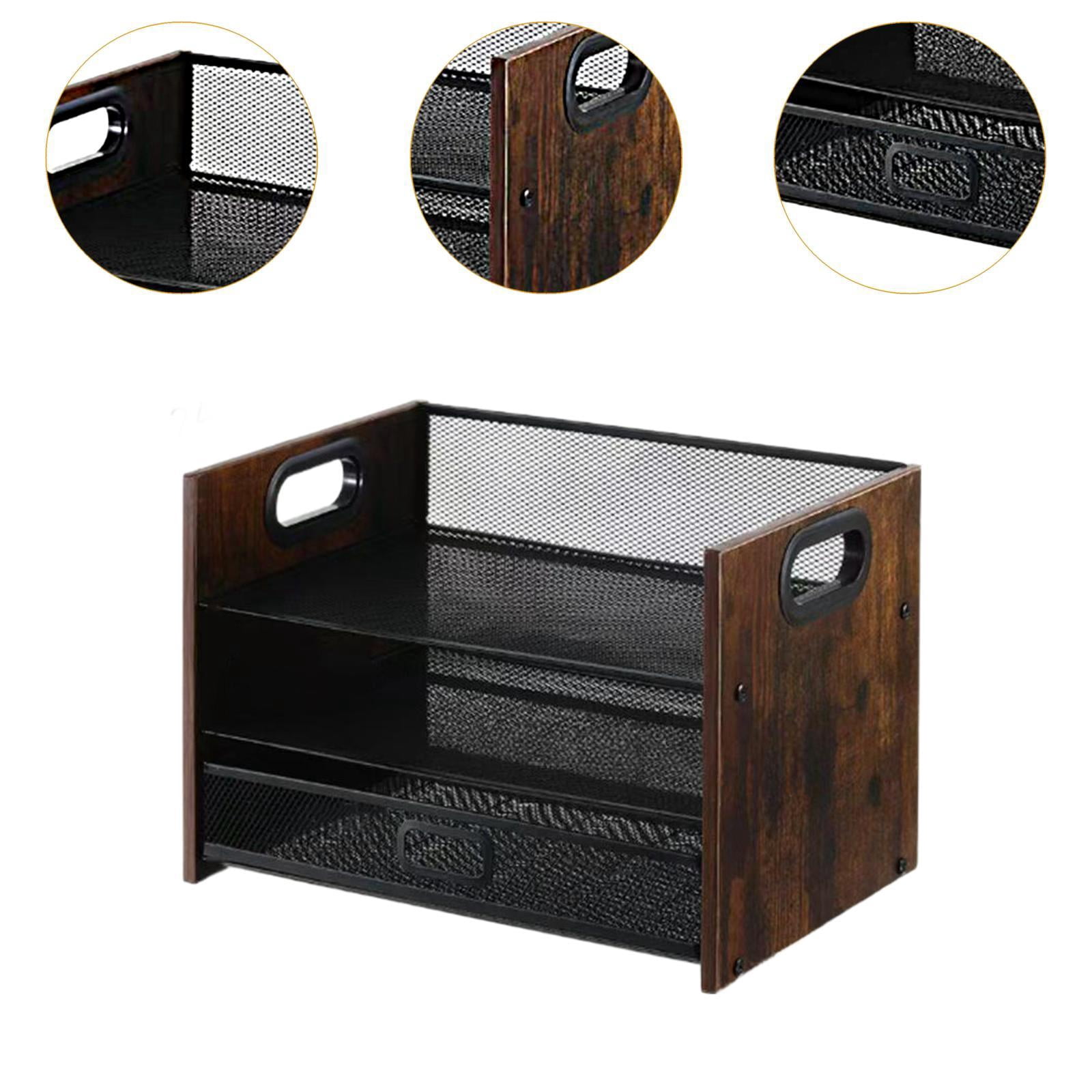koolsoo Desktop File Organizer, Wood Desk Organizer, Tiered,Wooden Paper Tray with Handle for Home Papers Notebooks 3 Tier