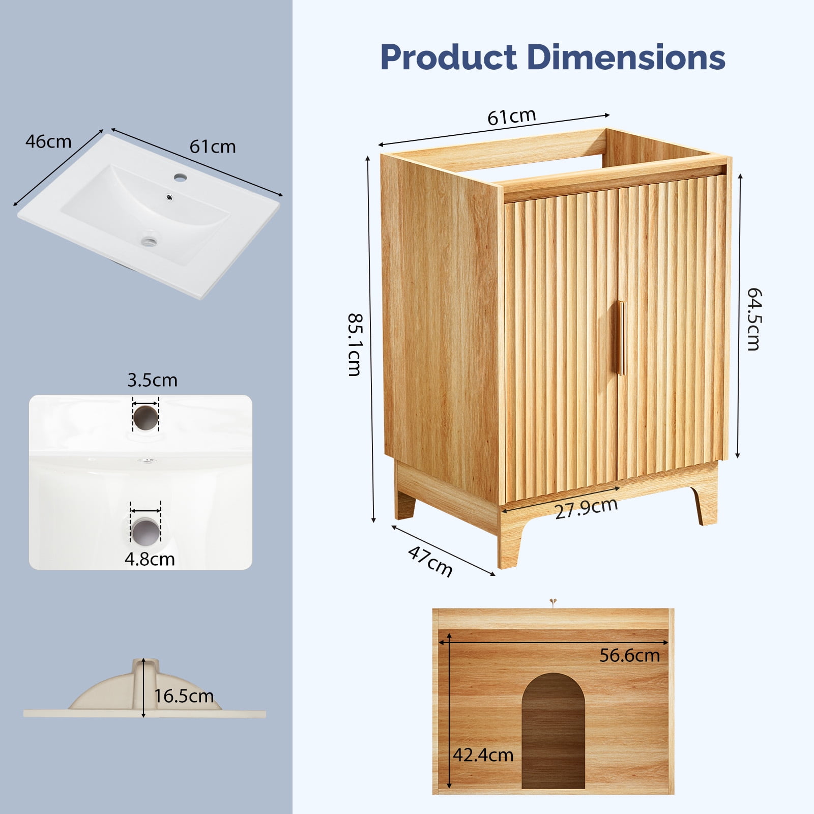 Ktaxon Fluted 24'' Bathroom Vanity Set with Sink Ceramic Top & U - shaped Shelf, Oak (Split Two Packages for Delivery)