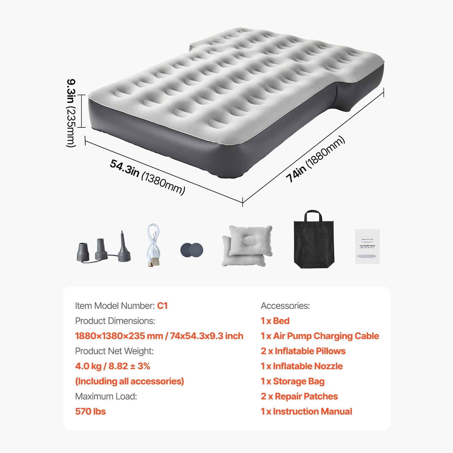 KFFKFF Inflatable Car Air Mattress, Compatible with Toyota 4runner and Jeep Wrangler, Thickened Flocking Travel Bed for Camping, Durable Portable Sleeping Pad with Built-in Pump and 2 Pillows, Gray