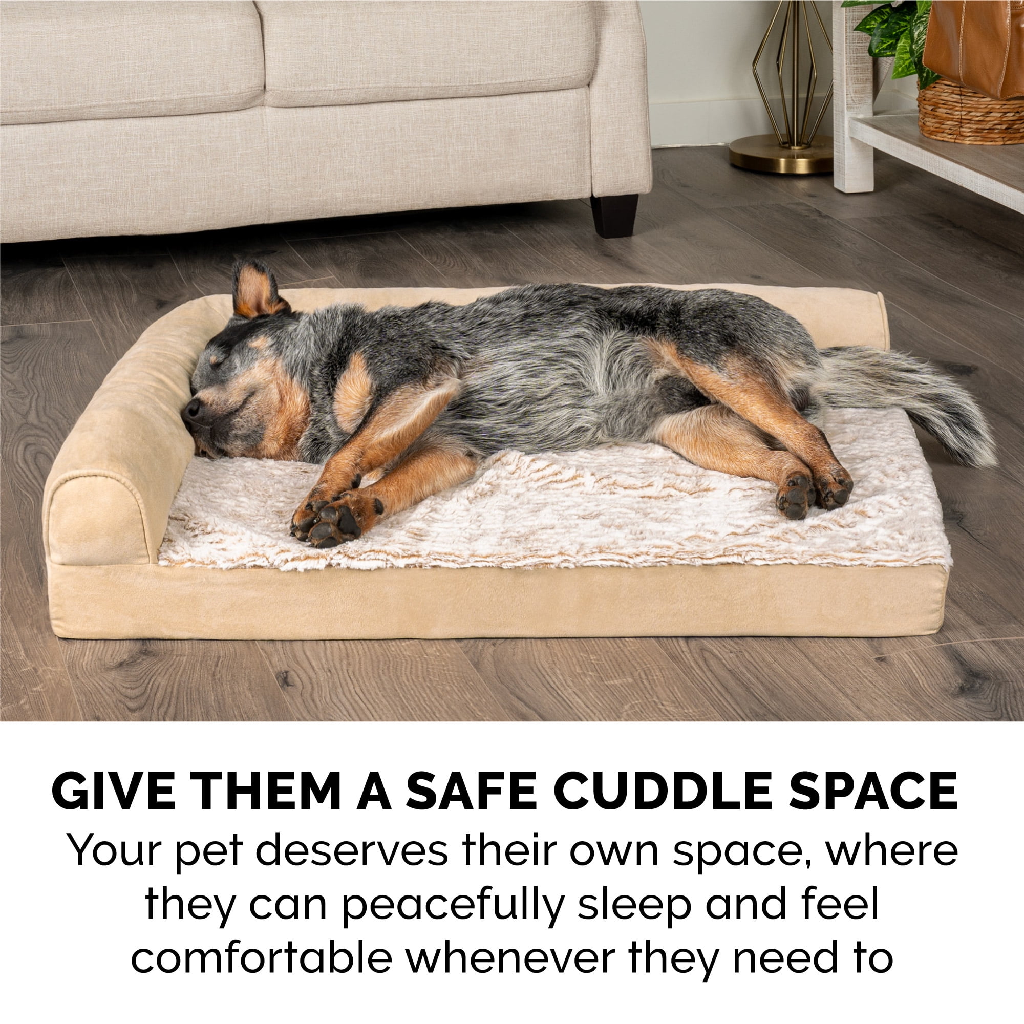 FurHaven Embossed Faux Fur & Suede Orthopedic Deluxe L-Chaise Pet Bed for Dogs & Cats - Taupe, Large